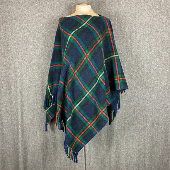 Leisure Other - Vtg Troy Leisure Poncho Wool Flannel Blanket Blue Green Red Plaid Fringe Stadium